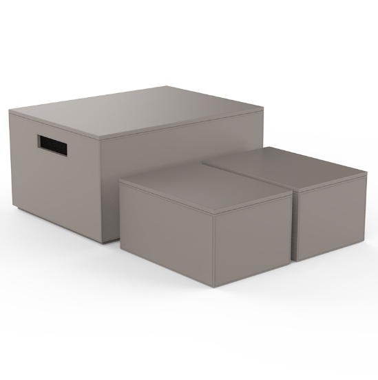 BROWNIE 3BOX komplekt 3 karbist: 400x300xh-195mm (1 tk) & 255x175xh-130mm (2 tk), niiskuskindel kunstnahk- valge, must, liivabeež, taupe (hallikaspruun). Hind 315,10 € (km-ga)